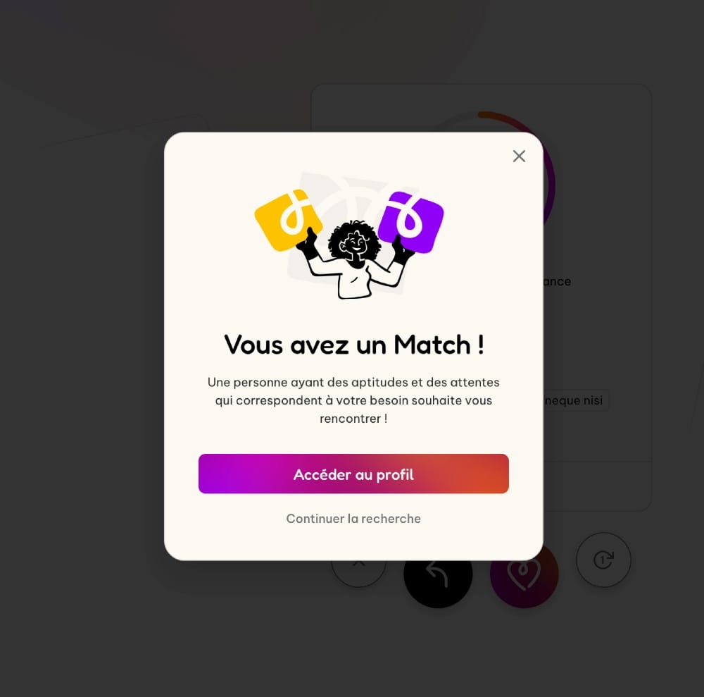 Développement sur-mesure d'une web app - Pop-in reçue lors d'un match